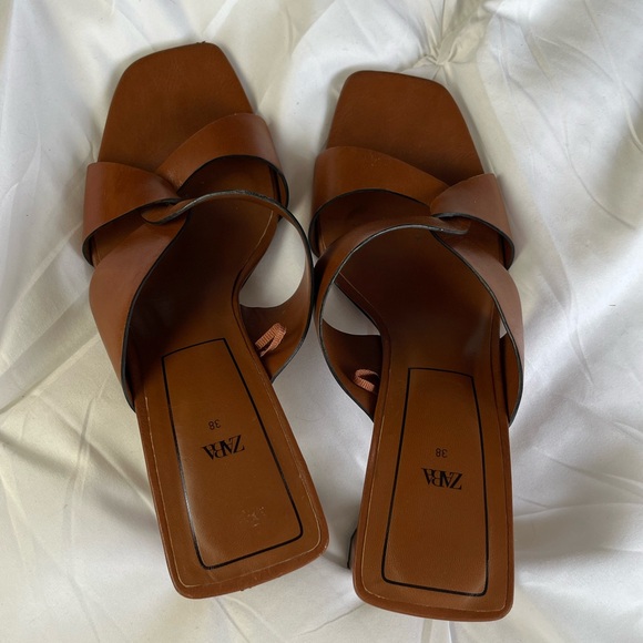 ZARA Camel Tan Brown Bock Heel Sandal 38 7.5 to 8 - Picture 5 of 12